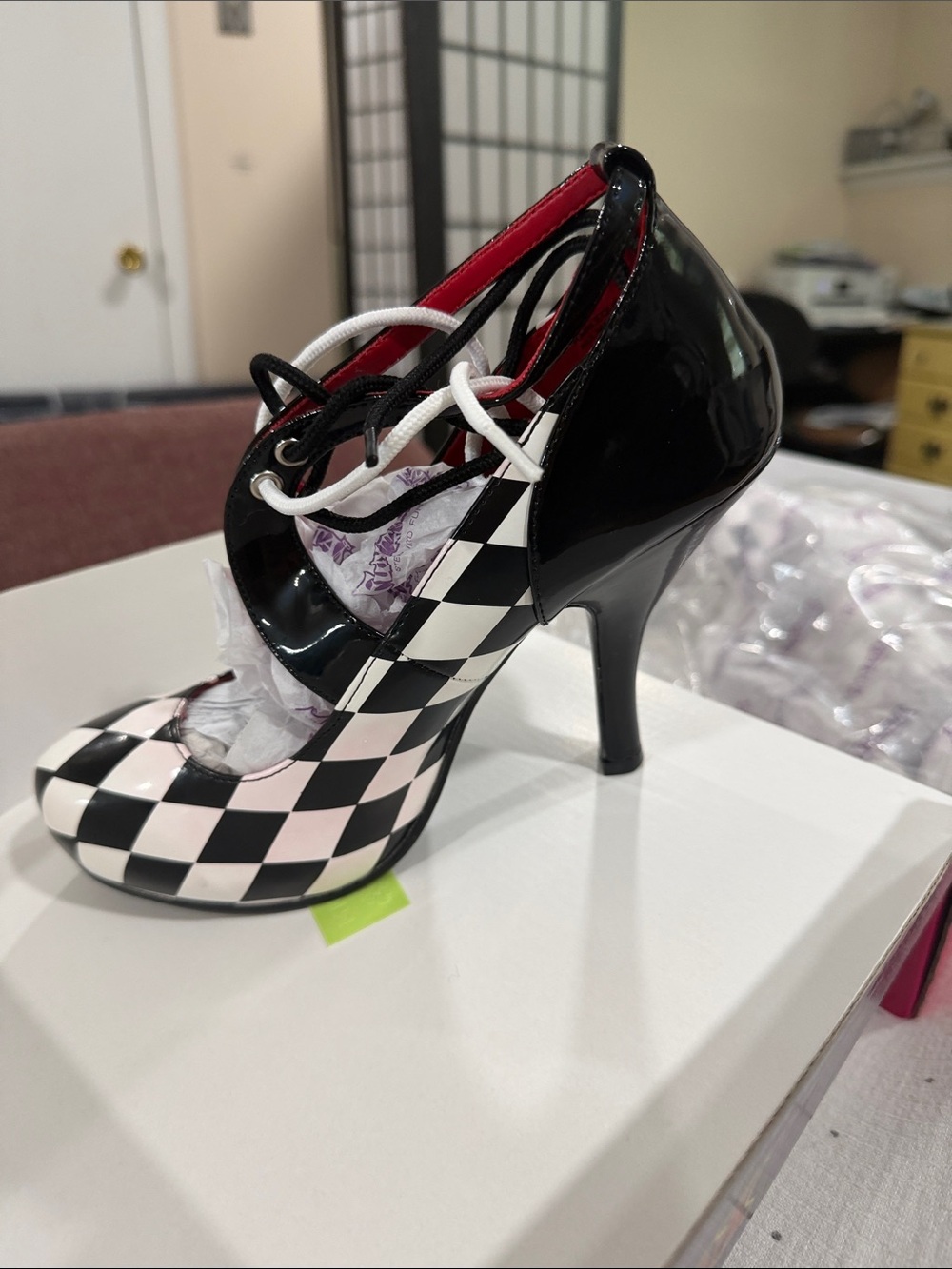 Black & White Checkered Lace-Up High Heel Pump
